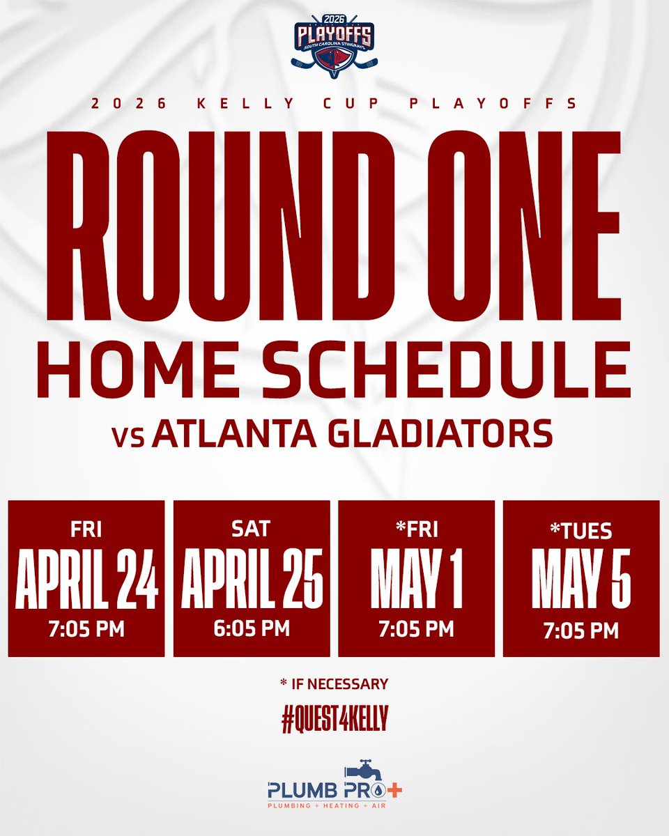 SCStingrays's tweet photo. Locked and loaded for Round 1 🔒

The South Carolina Stingrays return to the North Charleston Coliseum for Games 1 and 2 of the ECHL Kelly Cup Playoffs presented by Plumb Pro+. Join us on Friday, April 24th at 7:05 PM and April 25th at 6:05 PM as the playoff push begins against the Atlanta Gladiators.

🎟️ https://t.co/45ITAGjikB
📰 https://t.co/5jfs5O2b8I