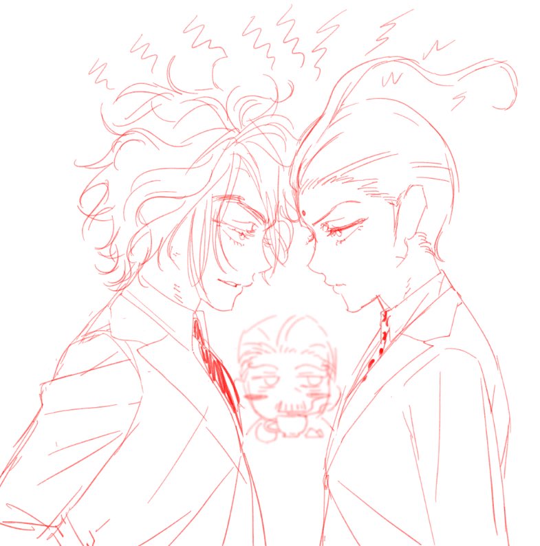 « a random request ￼ but could you draw yakou third wheeling with bakuhal… he is SO their secret #1 shipper but is too tsundere to admit it » 
Blushing old man