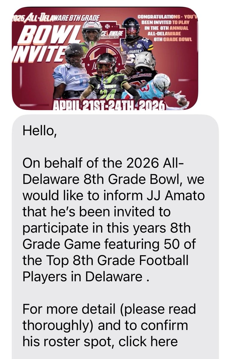 JJAmato17's tweet photo. Thank you @de8thgradebowl for the invite for the second year in a row.  Due to a prior commitment, I’ll be cheering you all on from Tampa #oline #alldelawarebowl https://t.co/YMKeAqMH2p