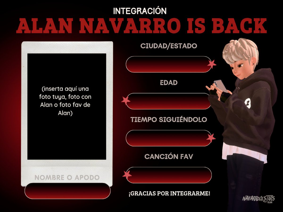 Holi Heartbreakers, les compartimos aquí la plantilla que pueden usar para su integración, ¡Queremos conocerlas! 🫰🏼✨

No olviden usar la frase: 

ALAN NAVARRO IS BACK
