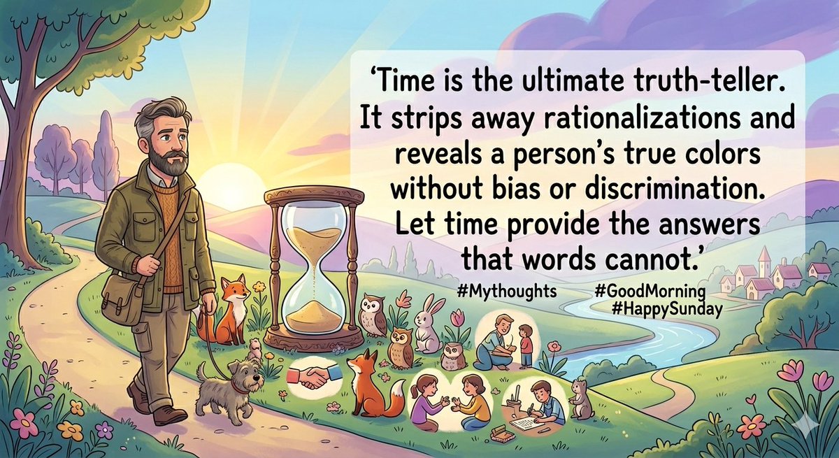 GVR_advocate's tweet image. "Time is the ultimate truth-teller. It strips away rationalizations and reveals a person’s true colors without bias or discrimination. Let time provide the answers that words cannot."
#Mythoughts #GoodMorning #HappySunday