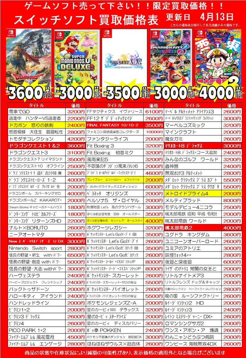 yanagyu1's tweet image. 🕺ゲームソフト買取価格更新させて頂きましたー🕺

🌟遊び終わったゲームはぜひ当店でお買取りさせてください🌟

商品の状態や在庫状況・相場状況により減額の可能性があり、表示価格の適用外となる場合がございます。

#スイッチ #PS5 #PS4 #買取