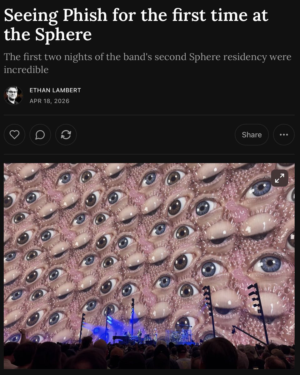 ByEthanLambert's tweet photo. It really takes a special kind of band for the musical side of things to be just as exciting as the visuals at the Sphere, and I'm happy to say Phish more than delivers on that front.

https://t.co/cZ81jBPtux https://t.co/h49fZIj9Pv