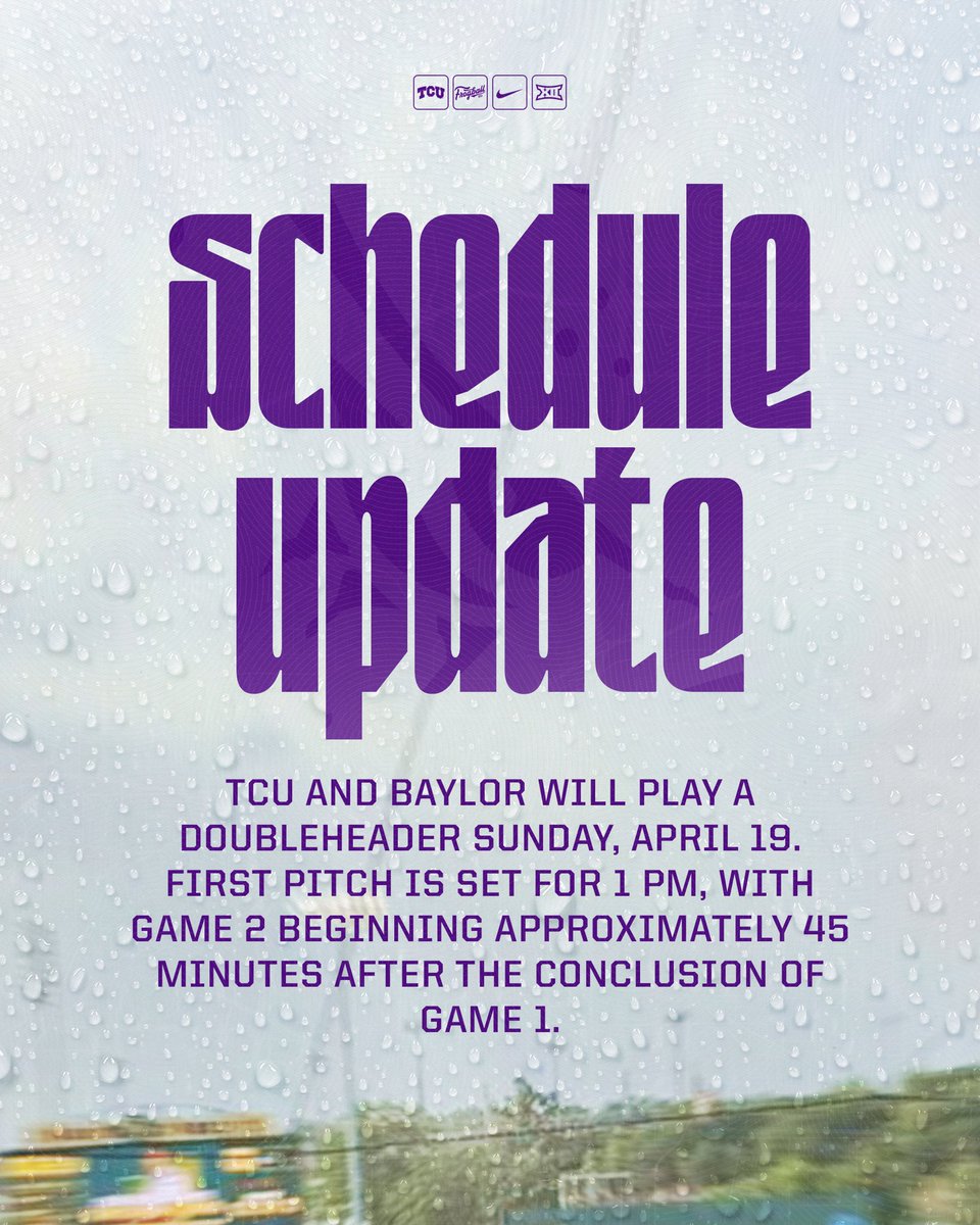 TCU_Baseball's tweet photo. 🚨 SCHEDULE UPDATE 🚨

we will play ✌️ tomorrow 

#GoFrogs | #FrogballUSA https://t.co/48t8QTMWqV