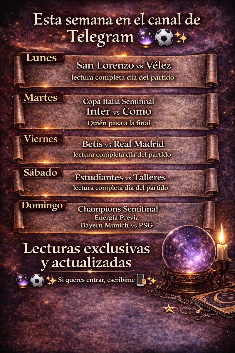 🔮⚽ Esta semana la energía se mueve fuerte…

Algunos partidos se definen antes de jugarse 👁️

Lo más importante no lo estoy subiendo acá…

✨ Acceso en Telegram
Si querés entrar, escribime 📲