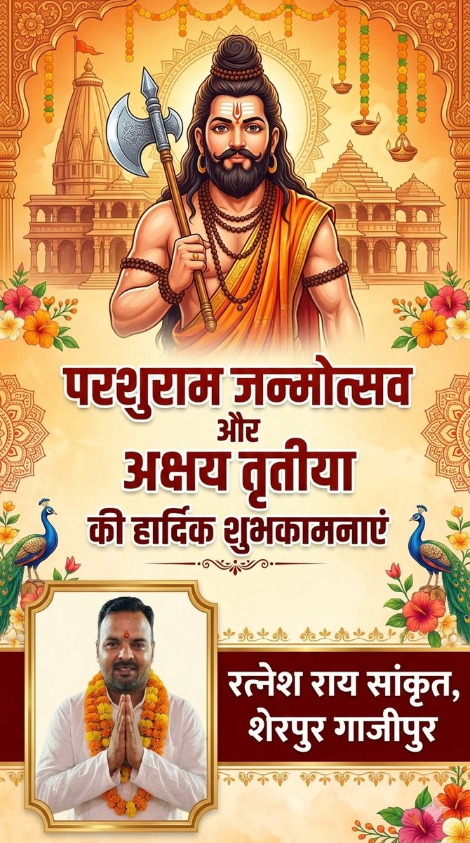 ratneshrai8's tweet photo. आप सभी सनातन धर्मावलंबियों को परशुराम जन्मोत्सव और अक्षय तृतीया की हार्दिक शुभकामनाएं और बधाई।
"ॐ जामदग्न्याय विद्महे 
महावीराय धीमहि
 तन्नो परशुराम: प्रचोदयात्।।"
#जय_श्री_परशुराम 
हर हर महादेव 🚩👏 https://t.co/jcrI5mDItZ