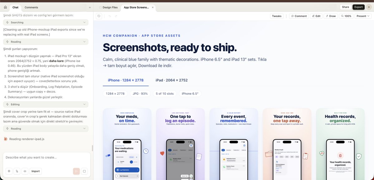 ben grafik tasarımcıyım abi. mesleğim bu. 10 yıldır figma photoshop illustrator ne varsa kullanıyorum. hayatımı bununla kazanıyorum.

şimdi yeni bir app publish edicem ya. screenshotlarını tasarlayacağım app store için. açtım claude designı. konuştum biraz. şak diye çıkarttı. bak