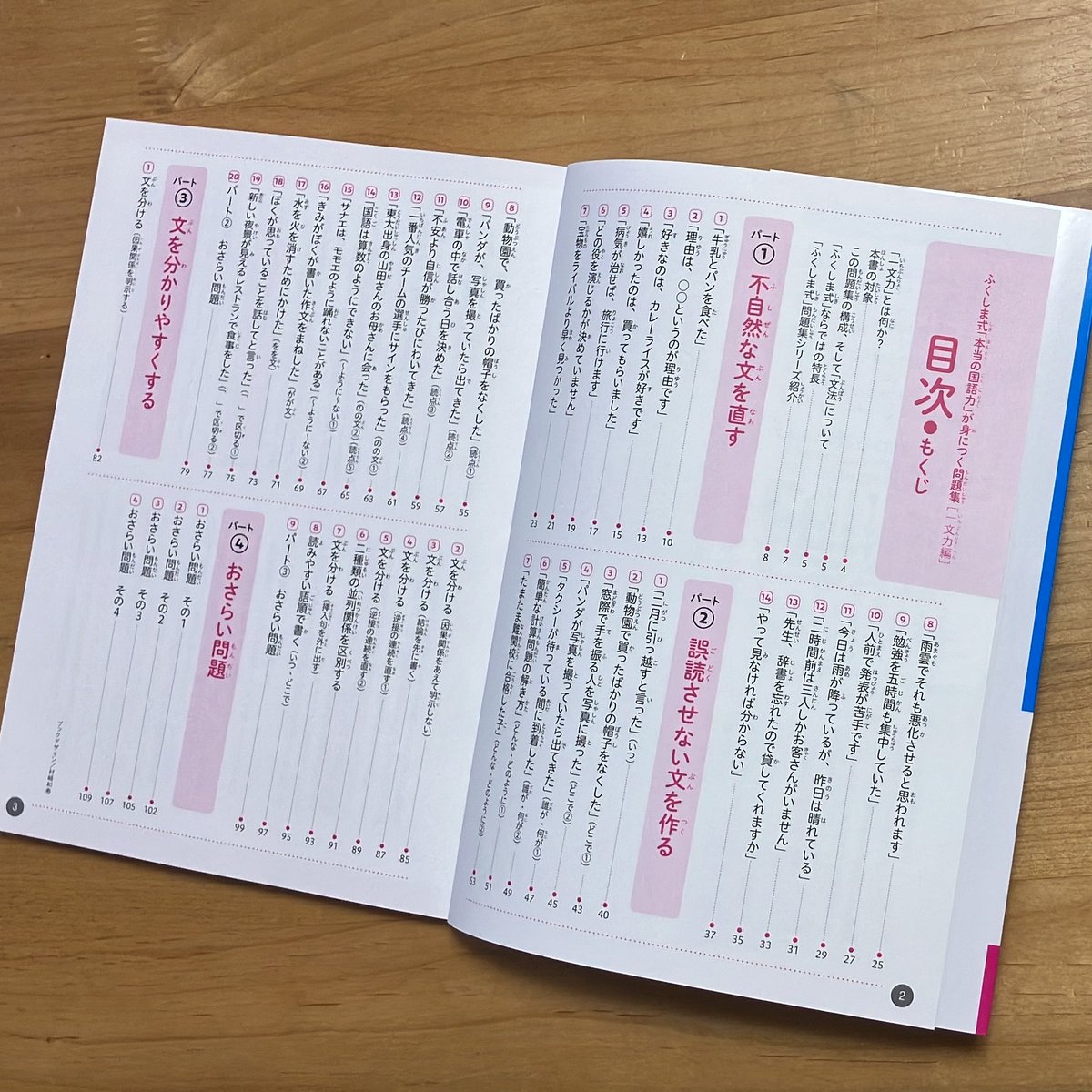 久々にヒットの予感がするワークを買った
ふくしま式、難易度が高くて（噛み砕けば出来ると思うのだが、私に噛み砕く力がない）いままで手が出せなかったのだけど
これはなんてったって「一文」なので、細切れにして出せばやれる気がする

見てくださいこの目次
「あーーー🤦あるあるあるある」の連続