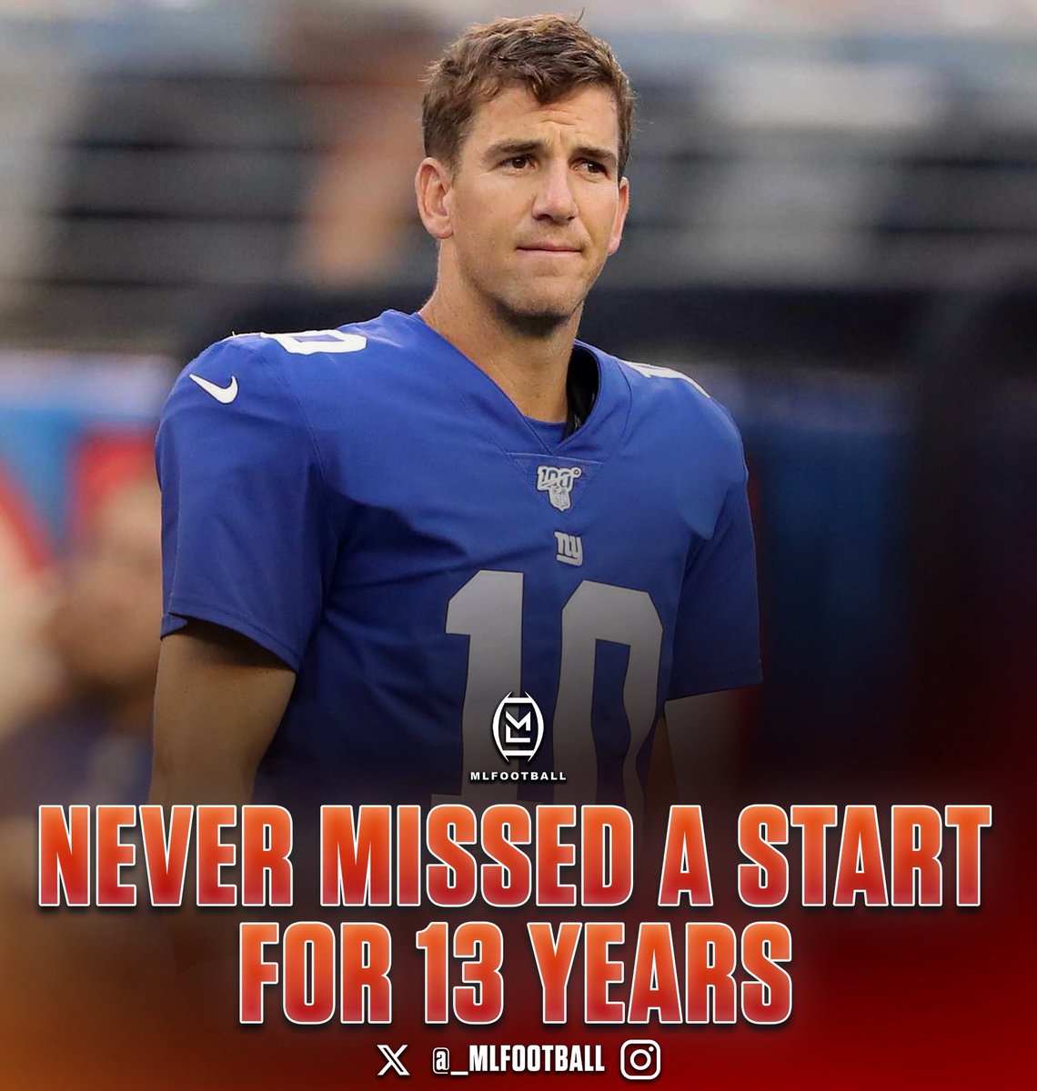 MLFootball's tweet image. IRON-MAN: Legendary New York #Giants QB Eli Manning NEVER missed a start for 13 straight years.

Eli also never missing a game due to injury during his career, he started 210 consecutive games from 2004 to 2017.

One of the toughest &amp;amp; most reliable players the game has ever seen.