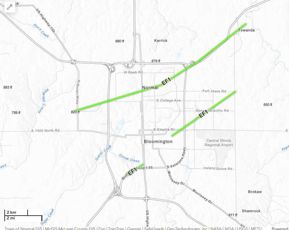 Day 1 of storm surveying is complete, and concentrated on McLean County. Two tornadoes have been identified in Bloomington and 1 in Normal, which tracked to Towanda. The longest tornado track was 33 miles, from northeast of McLean to southeast of Anchor. #ILwx