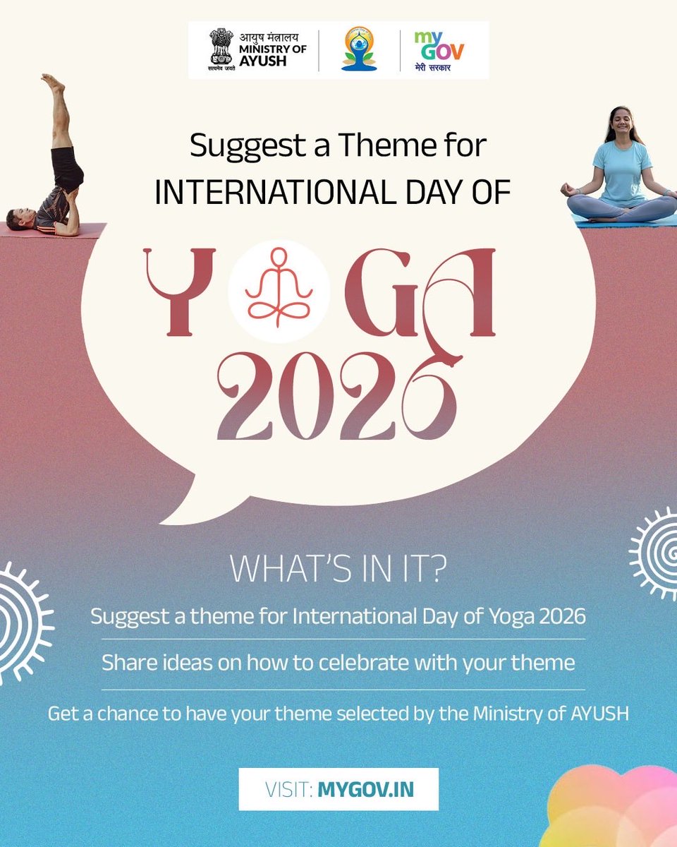 mygovindia's tweet image. Shape The Future Of Yoga!

Share your original and meaningful theme suggestions on #MyGov and play a role in shaping the global celebration of wellness on 21st June 2026.

Visit: mygov.in/task/suggest-t… 

#NewIndia 
#Yoga 
@moayush