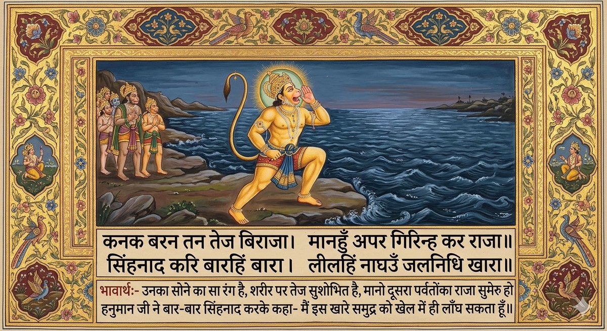 ॥किष्किंधा काण्ड॥

कनक बरन तन तेज बिराजा। मानहुँ अपर गिरिन्ह कर राजा॥सिंहनाद करि बारहिं बारा। लीलहिं नाघउँ जलनिधि खारा॥

 #RamCharitManas