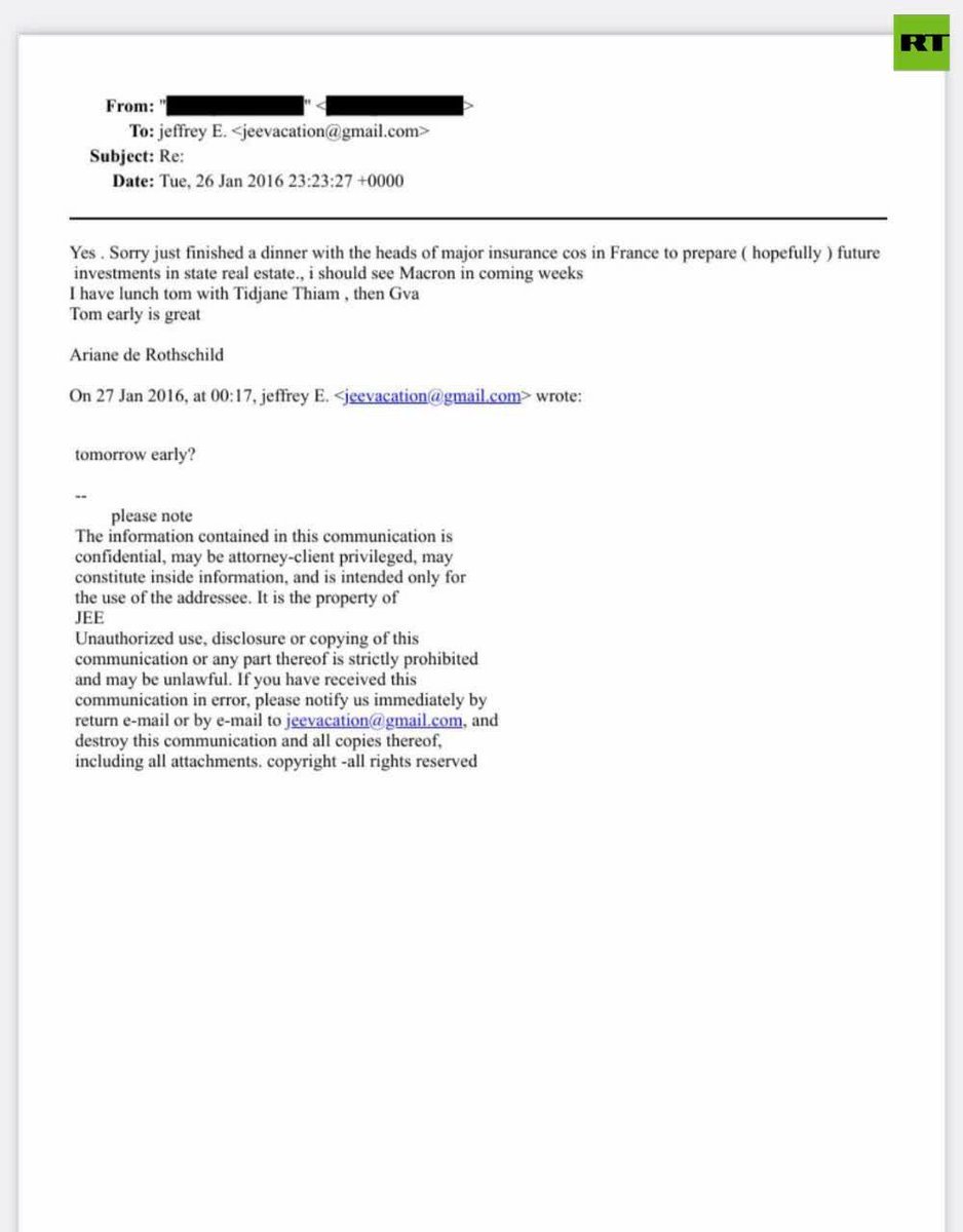 Rothschild updates Jeffery Epstein on meeting French executives and Macron in 2016.

Macron became President in 2017.