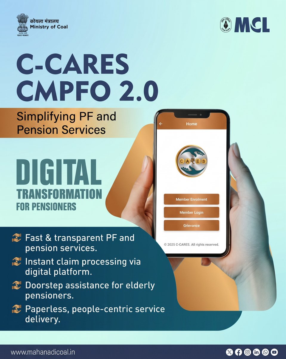 mahanadicoal's tweet photo. Empowering every pensioner with digital access.
C-CARES CMPFO 2.0 makes PF & pension services faster, simpler, and completely paperless.
#CCARES #CMPFO2 #DigitalTransformation #PensionServices #MyMCL #BeyondCoal
@CoalMinistry @CoalIndiaHQ https://t.co/BLmtOb3FQL