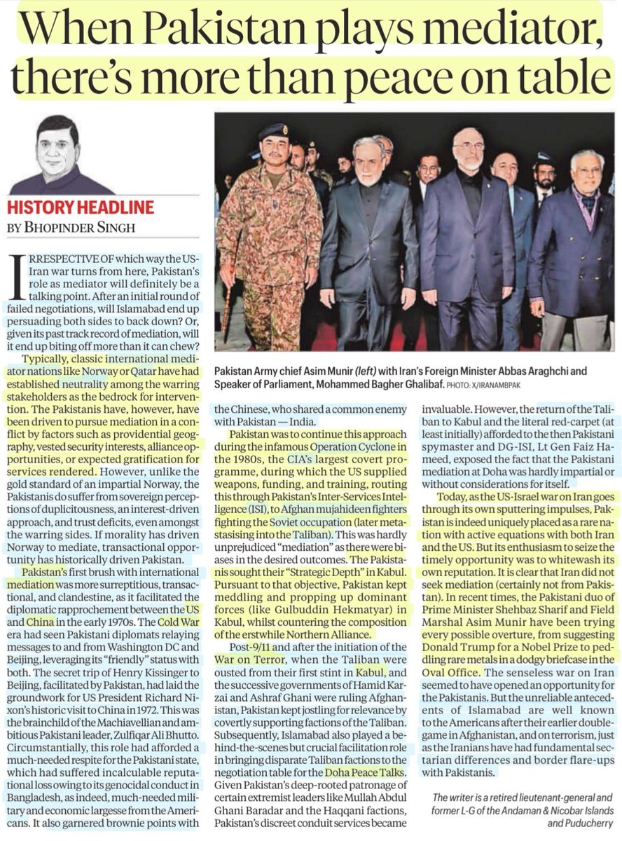 imRavikantYadav's tweet image. When Pakistan Plays mediator there's more than peace on table

:An Insightful article by Bhopinder Singh Sir

#Pakistan #Mediation #IranWar‌
#Iran #USA 
#ColdWar #SovietUnion
#China 
#OperationCyclone #Afghanistan #Taliban #Mujahideen
#DohaPeaceTalks
#Terrorism

#UPSC

Source:IE