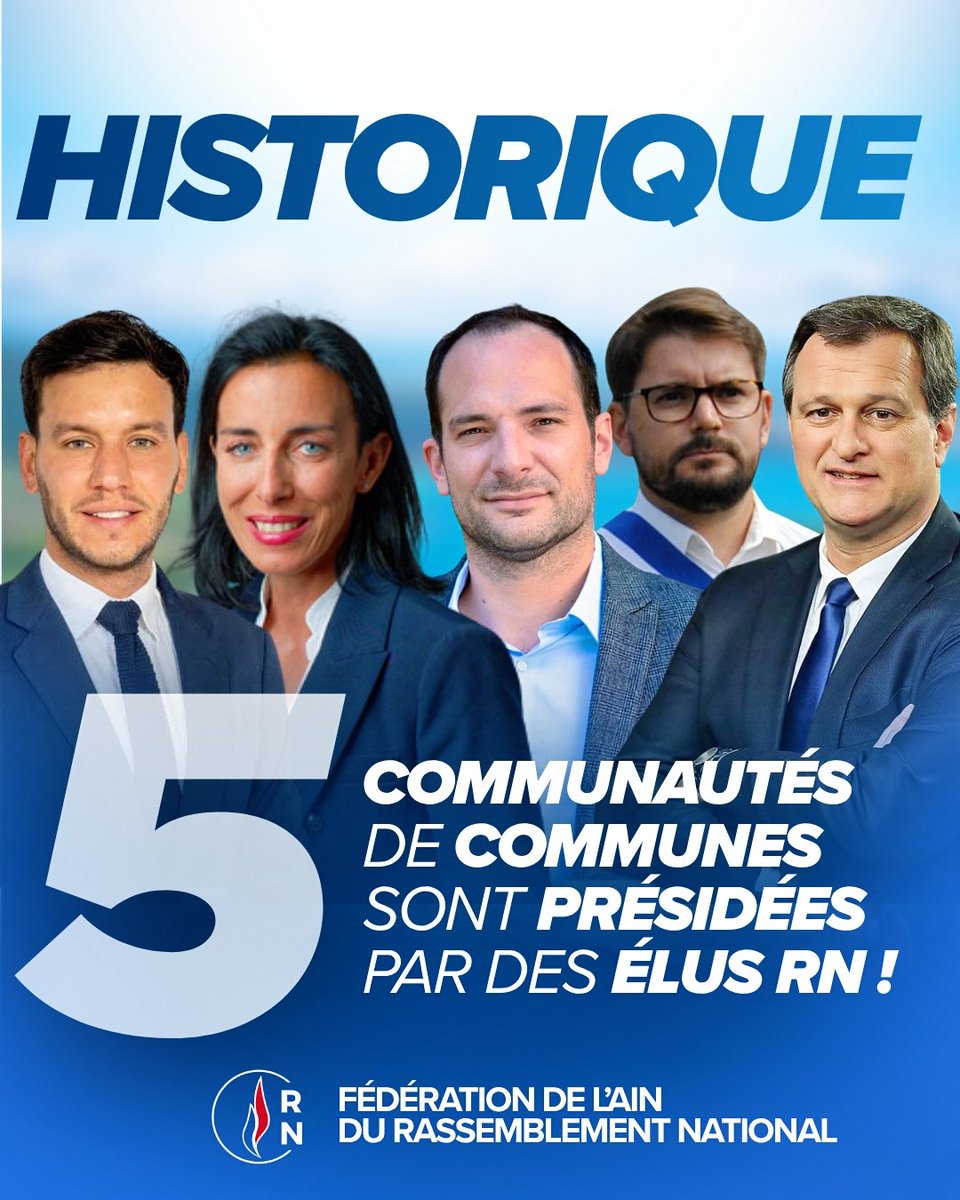 🔵 Après des municipales historiques, la dynamique continue et s’amplifie !

Désormais, 5 élus portent nos couleurs à la tête de communautés de communes.

Partout, ils défendent sans compromis nos idées, protègent nos territoires et font entendre la voix des Français !