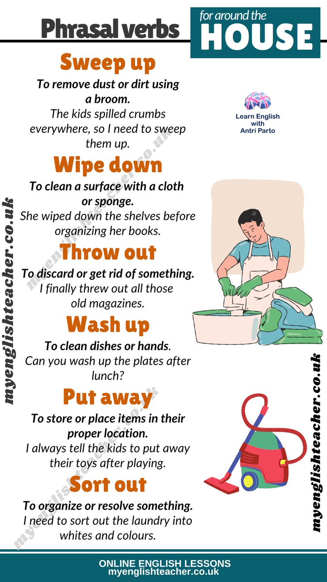 MyLinguaAcademy's tweet image. Learn phrasal verbs for around the house
#learnenglish