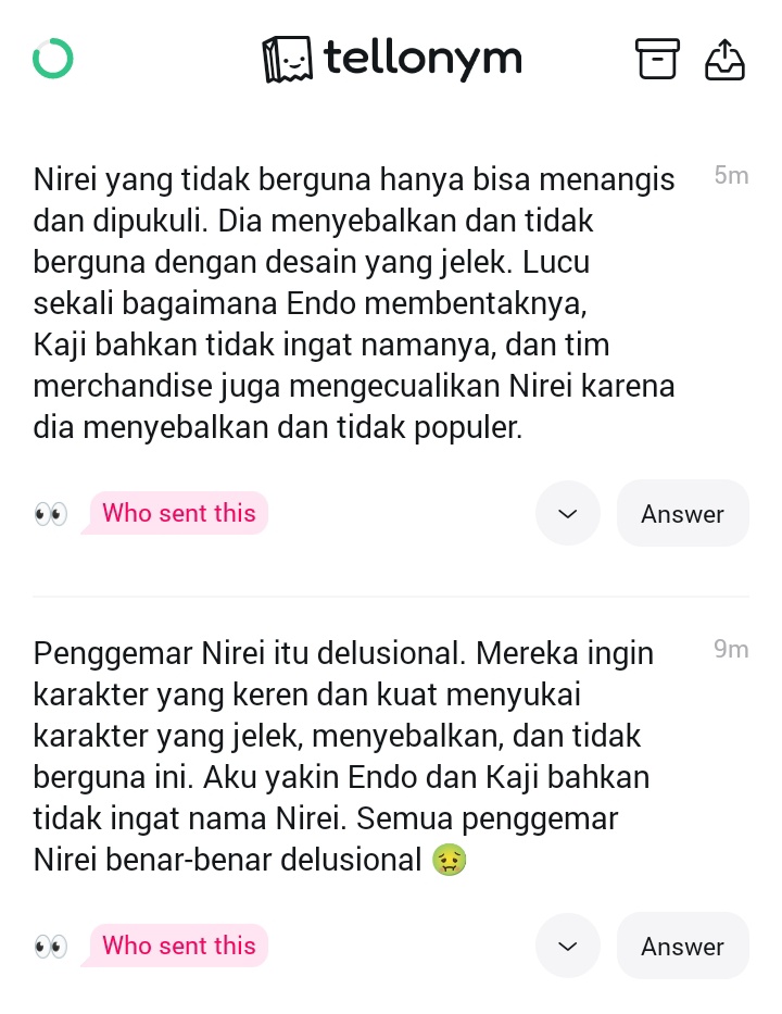 bisa gak sih lu gak projecting hate ke karakter yang gua SUKA BANGET, apalagi di AKUN GUA SENDIRI?
gua jujur bingung sama intensi lu, attention-seeking kah atau emang lu gak punya basic digital etiquette? karena yang jelas, kelakuan lu ini ganggu dan bikin risih.