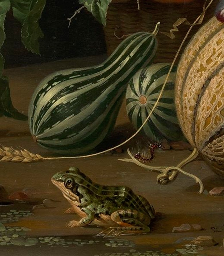 This beautifully-detailed 17C painting by Abraham Mignon is called Still Life with Fruit, Fish and a Nest, but for me this is a severe injustice to the frog, who is a highlight (NGA, Washington, 1675)