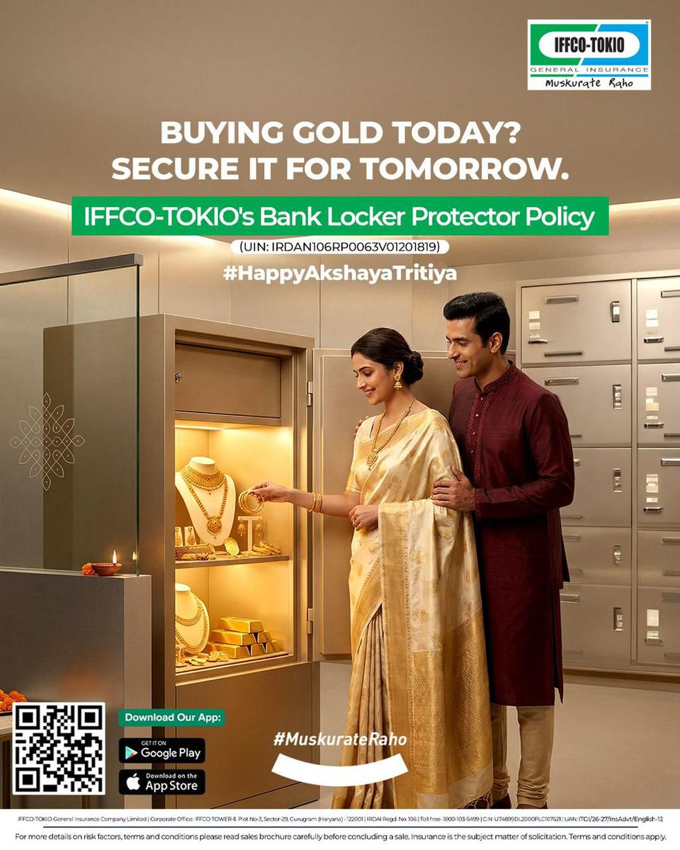IFFCO__TOKIO's tweet photo. Gold marks new beginnings, traditions, and cherished moments.
This Akshaya Tritiya, while you invest in something precious, make sure it stays protected too.

IFFCO TOKIO’s Bank Locker Protector Policy safeguards your valuables kept in bank lockers, giving you complete peace of mind. 

Click here to know more: https://t.co/UCorbu6HEv

#IFFCOTOKIO #MuskurateRaho #HappyAkshayaTritiya #BankLockerProtection #InsuranceMatters #FestiveSecurity