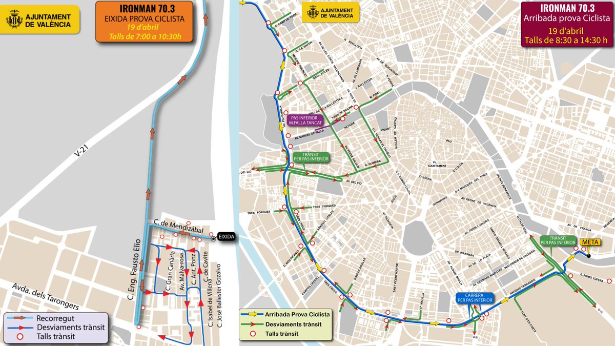 AjuntamentVLC's tweet image. 👟En marxa el #IronMan 70.3 #València!

🚨➡️ Talls al trànsit a la zona del #Malvarrosa fins a les 10:30h, i a tot el bulevard sud de València de 8:30 a 14:30h 🏊🚴🏃‍♂️

🚨🚘 Les úniques vies per les que es pot entrar i eixir pel sud-oest de València mentre dure la prova són: