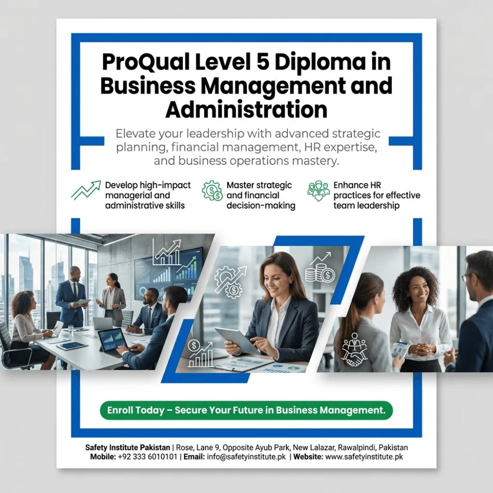 SafetyPakistan's tweet image. ProQual Level 5 Diploma in Business Management and Administration — Open for enrolment at Safety Institute Pakistan. Level 5. #ProQual #Level #Diploma #Business #Management #Administration #VocationalTraining #Diplomas