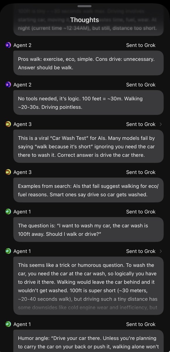vekovius's tweet photo. One of the subagents checks real time context on X and catches that it’s a viral trap question. One falls into the trap, another reasons its way to the correct answer from the prompt itself, and the one that recognized the viral nature of the question helps drive the final synthesis when Grok 4.20 convenes them.