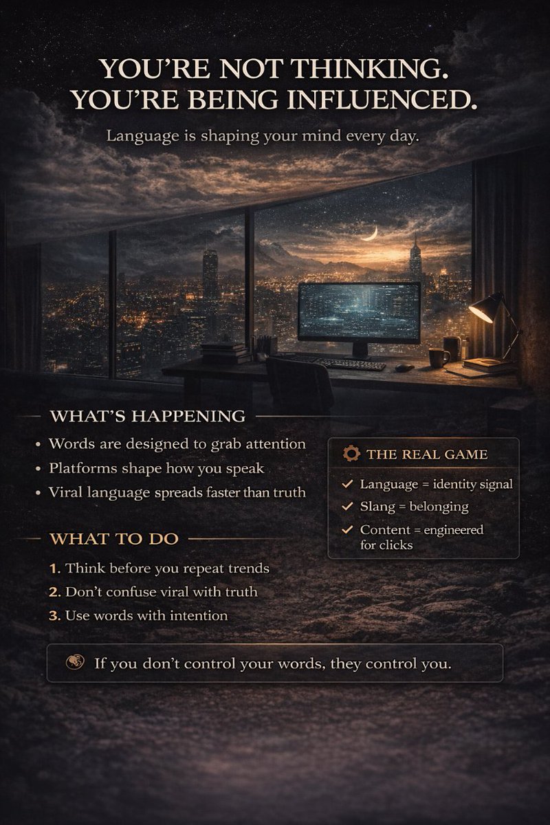 NageshN13558653's tweet image. You think you’re choosing your words.

You’re not.

The algorithm already chose them for you.
#Mindset #Awareness #DigitalAge #CriticalThinking #SelfImprovement #Influence #SocialMedia #GrowthMindset #ThinkSmart #Psychology