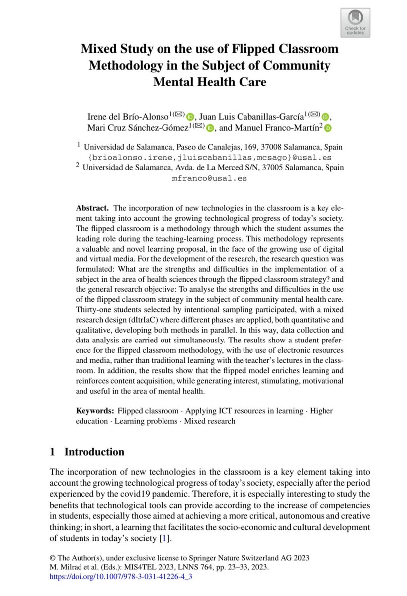 JuanluCaba_Unex's tweet image. 📚 Nueva investigación sobre flipped classroom en salud mental comunitaria.
Analizamos fortalezas y dificultades de esta metodología activa con un estudio mixto en ciencias de la salud.
doi.org/10.1007/978-3-…
#Educación #SaludMental #FlippedClassroom #TEL