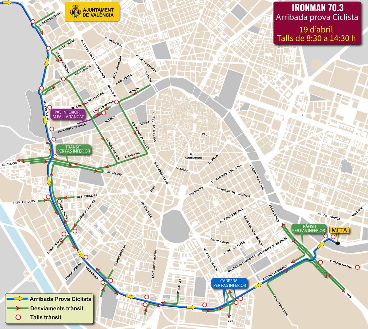 AjuntamentVLC's tweet image. 👟En marxa el #IronMan 70.3 #València!

🚨➡️ Talls al trànsit a la zona del #Malvarrosa fins a les 10:30h, i a tot el bulevard sud de València de 8:30 a 14:30h 🏊🚴🏃‍♂️

🚨🚘 Les úniques vies per les que es pot entrar i eixir pel sud-oest de València mentre dure la prova són: