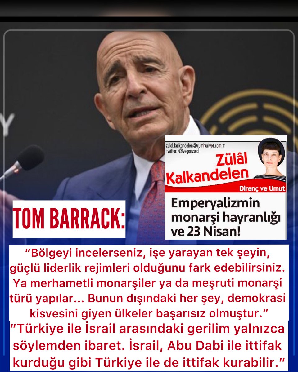veganzulal's tweet photo. EMPERYALİZMİN MONARŞİ HAYRANLIĞI VE 23 NİSAN!

Bu ülkede monarşinin yıkılması, emperyalist devletlerin vatanımızı işgali ile birlikte alevlenen Kurtuluş Savaşı sayesinde mümkün olduğundan, Barrack gibi emperyalistler, ezelden beri o muazzam halk direnişini yöneten Gazi Mustafa Kemal Atatürk ve Cumhuriyet Devrimi’ne hınçla dolular.

Bu coğrafyada emperyalizme karşı direnişin tohumları Kurtuluş Savaşı’nda atılıp yeşertildi ve sömürücü devletlere hiç unutamayacakları bir tokat atıldı. Hazmedemedikleri budur!

İstiyorlar ki bu ülkenin başında 1919’da olduğu gibi emperyalizmin kuklasına dönüşmüş bir “padişah” bulunsun, onlar da dayattıkları kapitülasyonlarla halkı rahatça sömürsünler! İşgal edip her bir karışını paylaşmak istedikleri bu ülkede “padişah” her konuda onlarla işbirliği yapsın, Ortadoğu’yu paramparça edip yönetme planlarına dahil olsun!

Tom Barrack'ın tam da 23 Nisan Ulusal Egemenlik Bayramı’nın öncesinde monarşiyi övmesi, bu sözleri Türkiye Cumhuriyeti’nin bir resmi etkinliğinde dile getirmesi, Barrack’ın haddini fazlasıyla aştığını gösteriyor. Bu çirkin tavırlara yol açan küstahlığı, kendisini “Dünyanın Ağası” sanıp önüne gelene tehdit savuran Trump’tan aldığı cesaretten mi geliyor bilinmez ama bu ülkede çoktan persona non grata (istenmeyen kişi) haline gelmiştir!