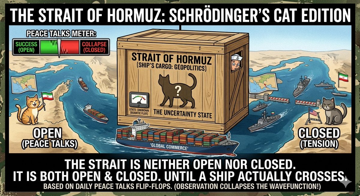 nikhildx's tweet photo. You can't be sure until you cross or get caught in cross fire at strait of hormuz ... Strait is open close !

Schrodinger's Strait of Hormuz !

#IranWar‌ #peacetalks #StraitofHormuz #Hormuz https://t.co/R888CgtWn7