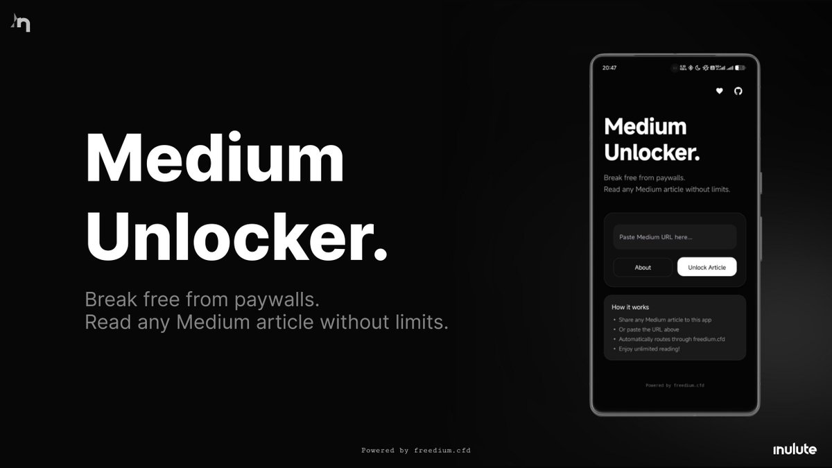 inulute's tweet photo. 👀 Medium Unlocker v2.0 | Read, Save &amp; Automate
This is the biggest update yet. We’ve evolved from a simple bypass tool into a complete, distraction-free reading hub.

📥 Download: https://t.co/CyYzdrLpxQ

👨‍💻 Repo: https://t.co/2H5god08yO https://t.co/mRUcDZZBzO