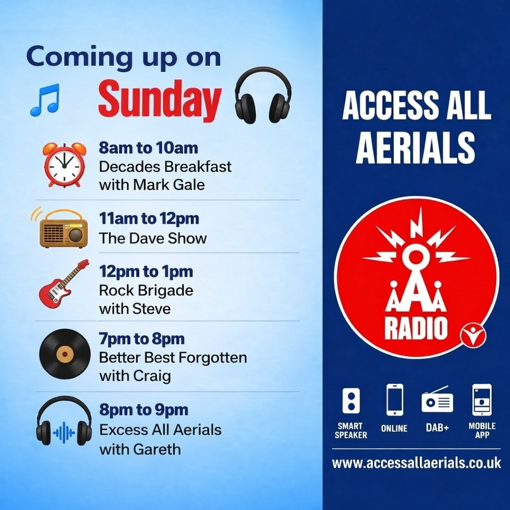 aaaonair's tweet image. 🎧 𝘾𝙤𝙢𝙞𝙣𝙜 𝙐𝙥 𝙏𝙊𝘿𝘼𝙔! 🎶

Start your Sunday with great music and unforgettable shows.
Listen your way — **Smart Speaker, Online, DAB+, or Mobile App**
🌐 accessallaerials.co.uk
Don’t miss it — tune in and turn it up! 🔊
#SundayVibes #SundayRadio #TuneIn #OnAir #Exeter