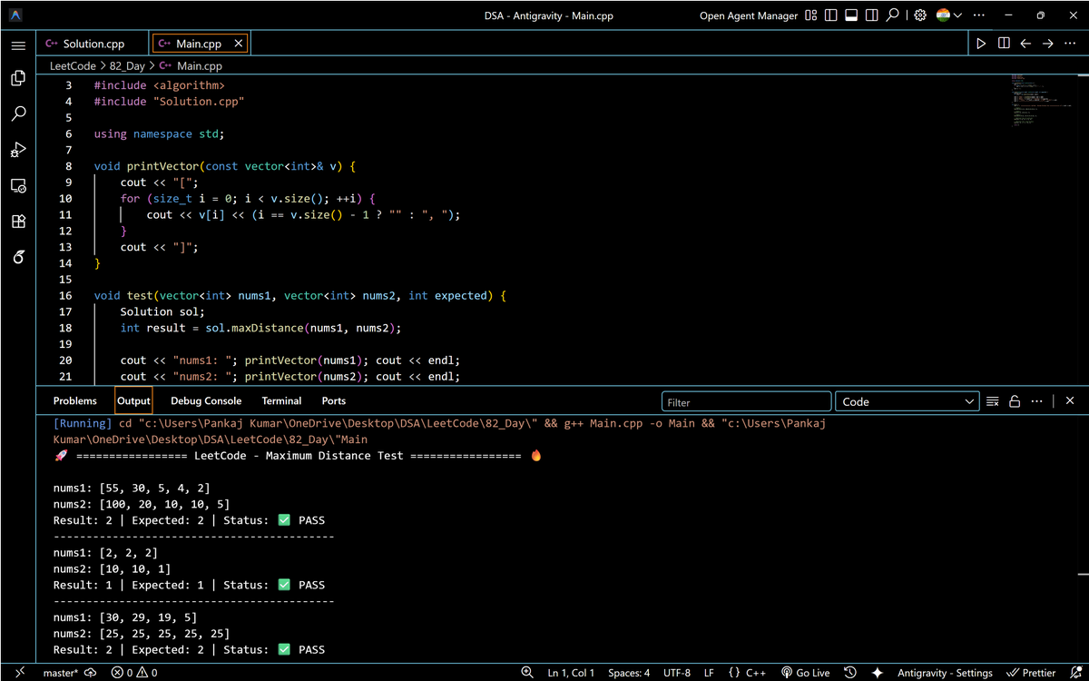 PankajB42550's tweet image. 🚀 Solved: Maximum Distance Between a Pair of Values (@LeetCode Daily)

Two pointers: i on nums1, j on nums2. If nums1[i] ≤ nums2[j], update maxDist = max(maxDist, j-i) and move j. Else move i.

📊 O(N + M) | O(1)
🔥 #Day82/90

#LeetCode #DSA #TwoPointers #Array #CPP #DAY82/90
