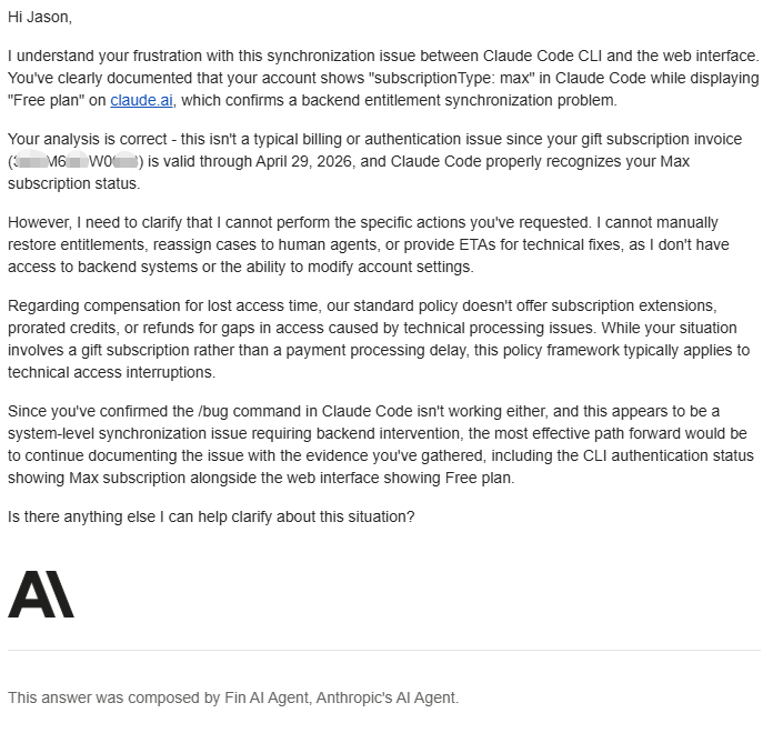Anthropic Fin AI Agent support response confirming backend sync issue but unable to fix, escalate to humans, or offer compensation