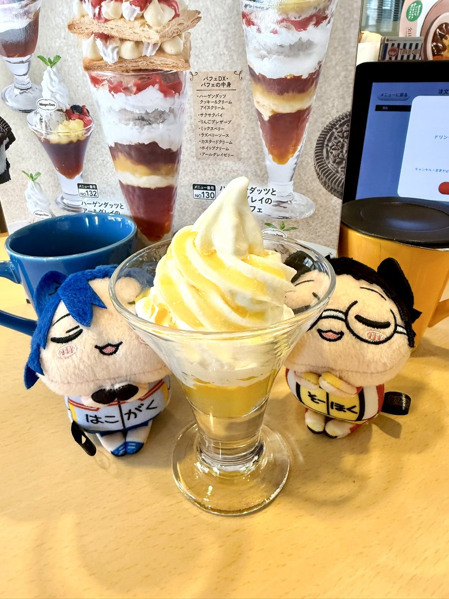 おひるネコちゃんたちはみすじステーキ重！
赤身のお肉やわらかくておいしーい😋お野菜もたくさん

お肉ハーフでご飯も小盛りにしたよ
量ちょうどいいね

デザートはオレンジヨーグルト安心の低カロリー
プリンパフェは我慢だよ…
ソフトクリーム🍦が冷たくておいしい！