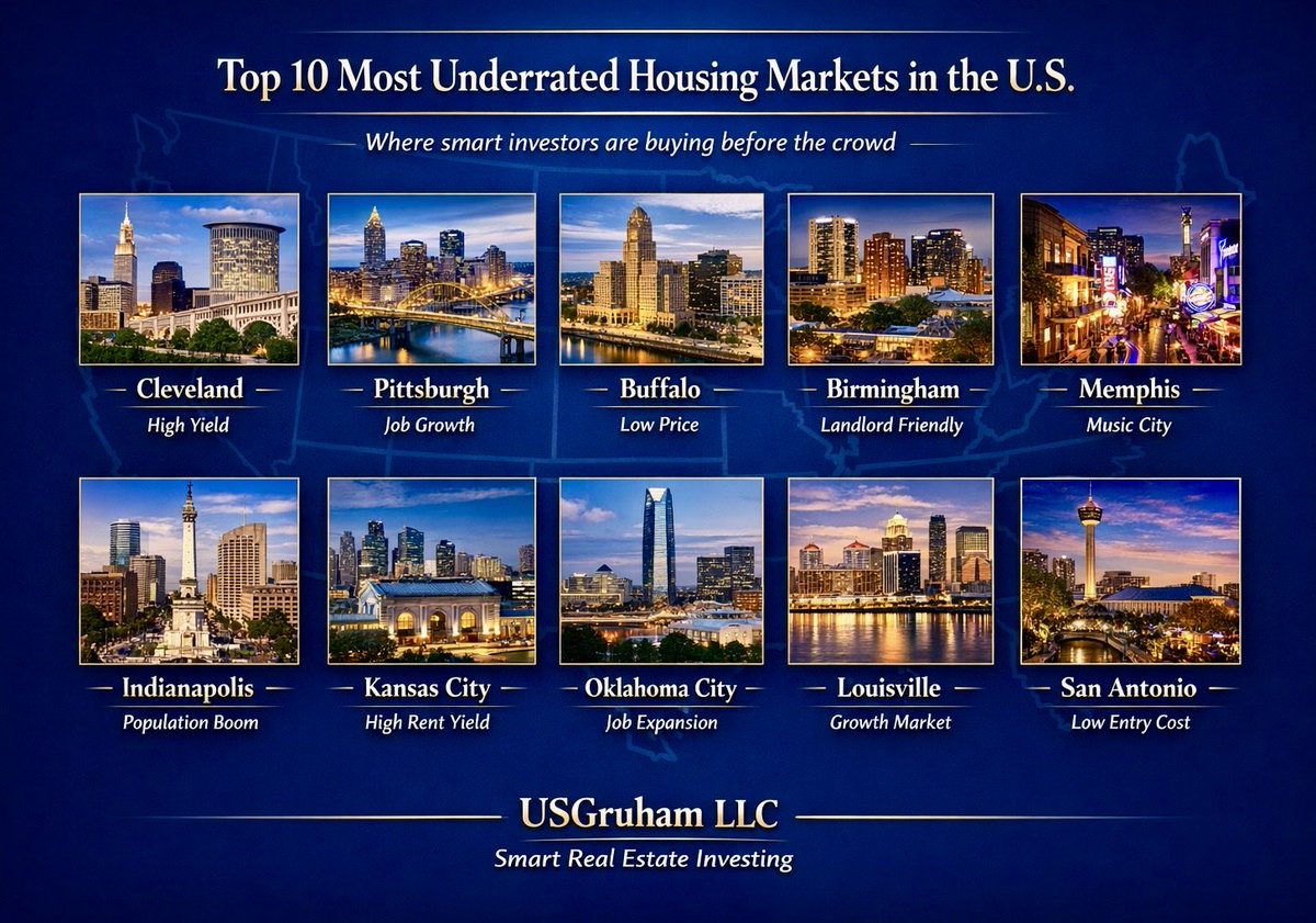usgruham's tweet image. The best real estate deals are never in “hot” markets.

They’re in places no one is talking about… yet.

Here are 10 underrated markets smart investors are targeting 👇

#housing #housingmarket #market #realestate