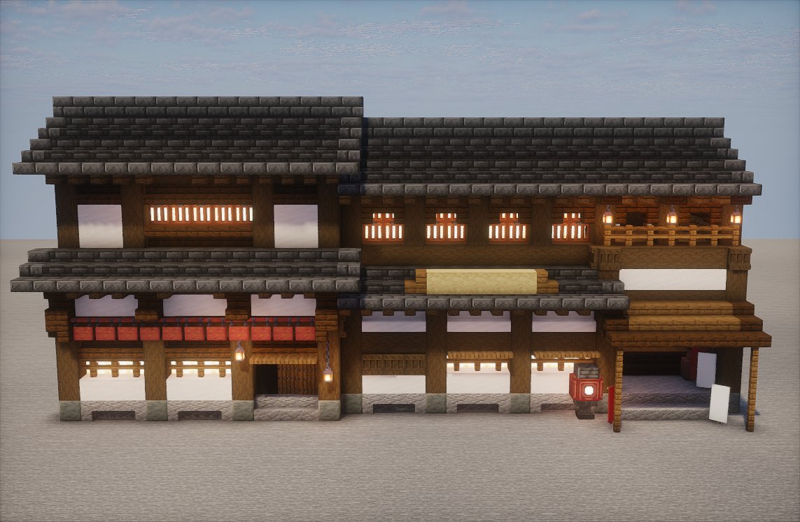 nasunomanimani's tweet image. 夜空の夏和風共有エリアに置くサンプル建築の一つ。
何もないと作り辛いかな～と、事前にいくらかおいておきます！
#夜空の夏 #Minecraftbuilds