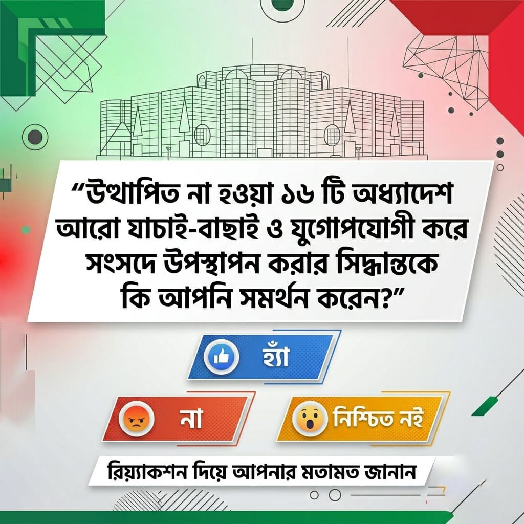 AmaderN86558's tweet photo. "উত্থাপিত না হওয়া ১৬ টি অধ্যাদেশ আরো যাচাই-বাছাই ও যুগোপযোগী করে সংসদে উপস্থাপন করার সিদ্ধান্তকে কি আপনি সমর্থন করেন?"
রিয়‍্যাকশন দিয়ে আপনার মতামত জানান
#চলনবিলের_নাটোর
#viralpost
#post
#নাটোর
#ফোটো https://t.co/mvvDsHwftB