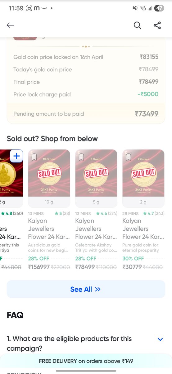 harsharm70's tweet photo. @instamart_it I have ordered 5gm gold coin in jalyan and ordered on 16th april pre book but now there is a out of stock

From 9 AM till 12pm it showed out of stock only https://t.co/GDLDhv9dMk