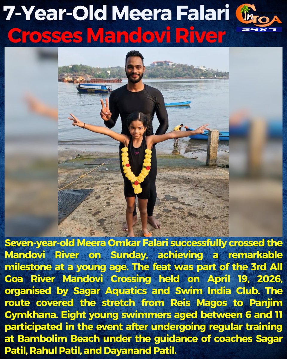 InGoa24x7's tweet image. 7-Year-Old Meera Falari Crosses Mandovi River

#Goa #GoaNews #MandoviRiver #Crossed #Swimming