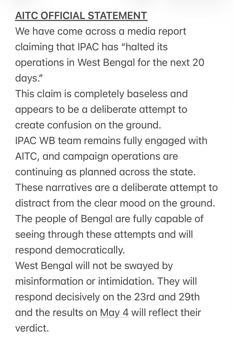 SreyashiDey's tweet image. #TMC issues official statement on #IPAC reportedly pausing operations in #WestBengal. 

Calls it “baseless and deliberate attempt to create confusion”. 

@ndtv