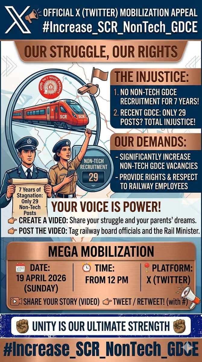 योग्य कर्मचारी इंतजार कर रहे हैं, GDCE भर्ती बढ़ाओ।
#Increase_SCR_NonTech_GDCE
<a href="/RailMinIndia/">Ministry of Railways</a> <a href="/PMOIndia/">PMO India</a> <a href="/gmscrailway/">General Manager,South Central Railway</a> <a href="/cposcrsc/">CPO SC Railways</a> <a href="/AshwiniVaishnaw/">Ashwini Vaishnaw</a> <a href="/RahulGandhi/">Rahul Gandhi</a>
