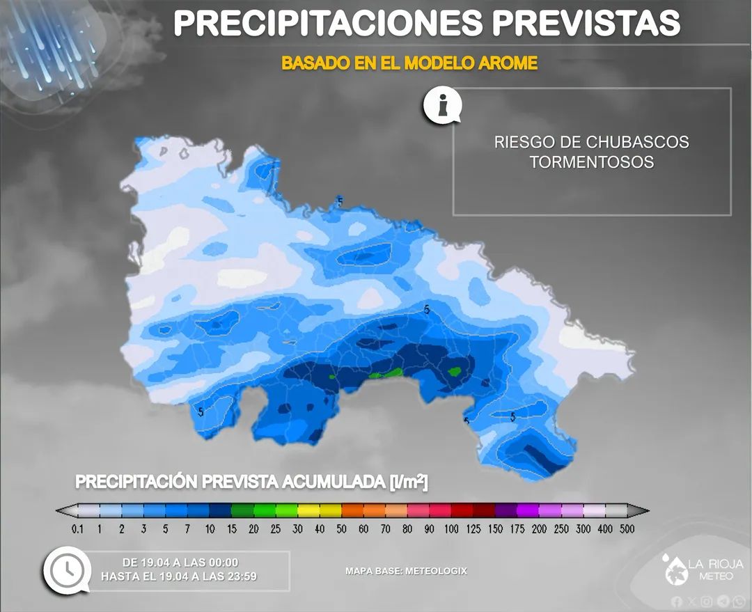 Buenos días!! Arranca el domingo con intervalos nubosos en La Rioja aunque será por la tarde cuando puedan aparecer chubascos de carácter tormentoso⚡️ en cualquier punto de la región. Más intensos en la Ibérica.

Las temperaturas máximas tenderán a recuperarse ligeramente.