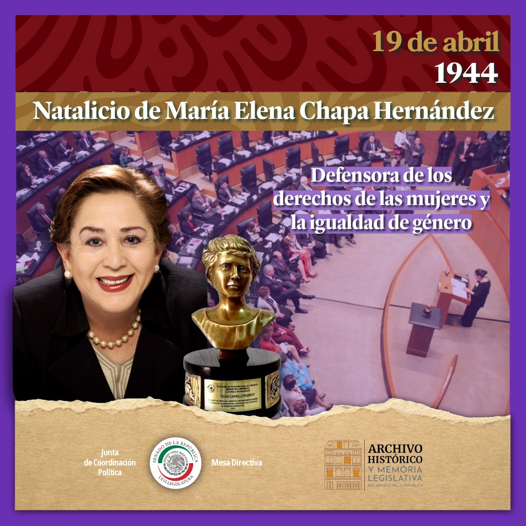 🏅19 de abril de 1944: Natalicio de María Elena Chapa Hernández🏅

Hoy conmemoramos el natalicio de esta gran defensora de los derechos de las mujeres. 

Fue la primera senadora por el estado de Nuevo León; y el Senado la galardonó con el Reconocimiento Elvia Carrillo Puerto.🏅🇲🇽
