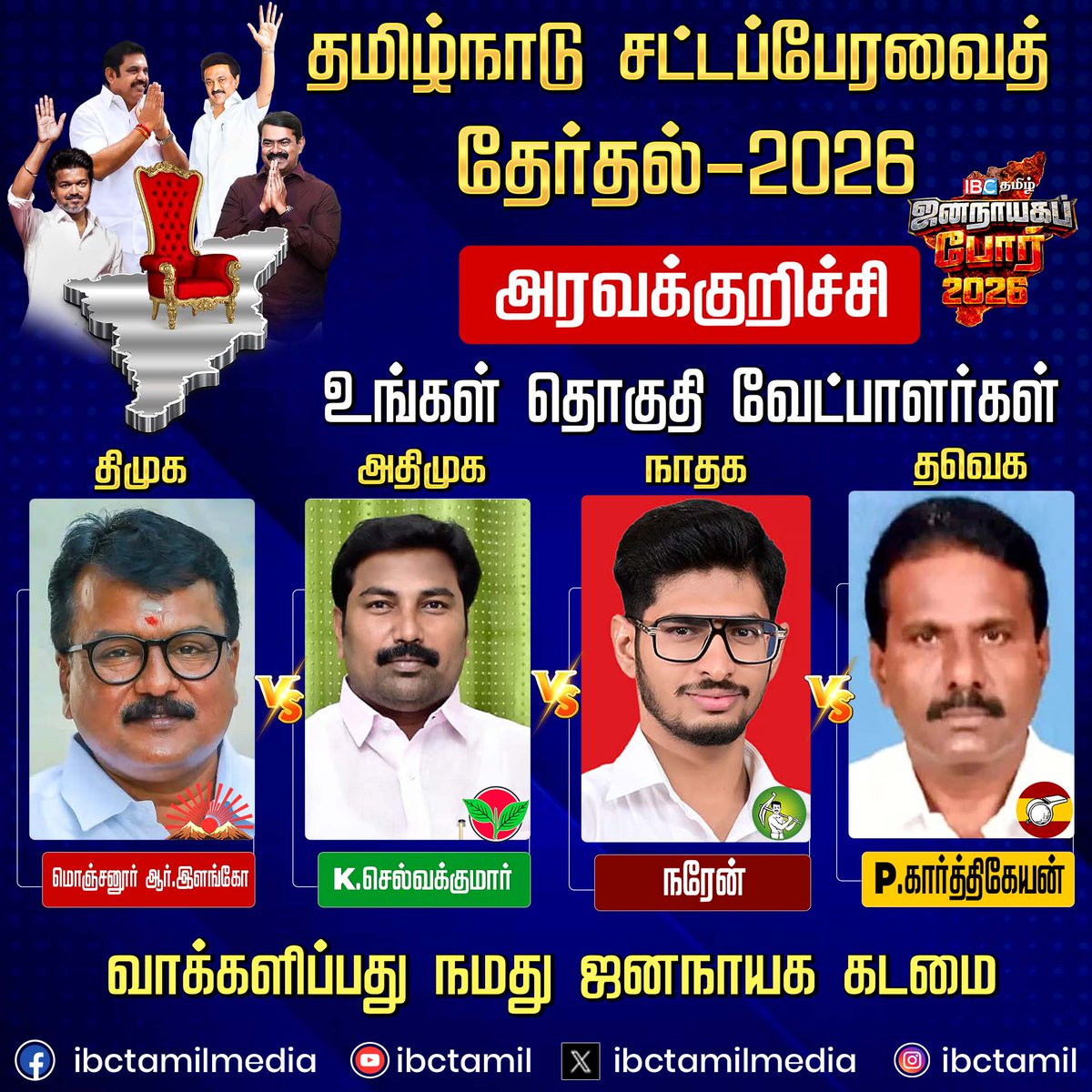 ibctamilmedia's tweet image. அரவக்குறிச்சி சட்டமன்ற தொகுதி வேட்பாளர்கள் | Election 2026 | DMK | ADMK | TVK | NTK | IBC Tamil  

#Aravakurichi #election2026 #candidate #ibctamil