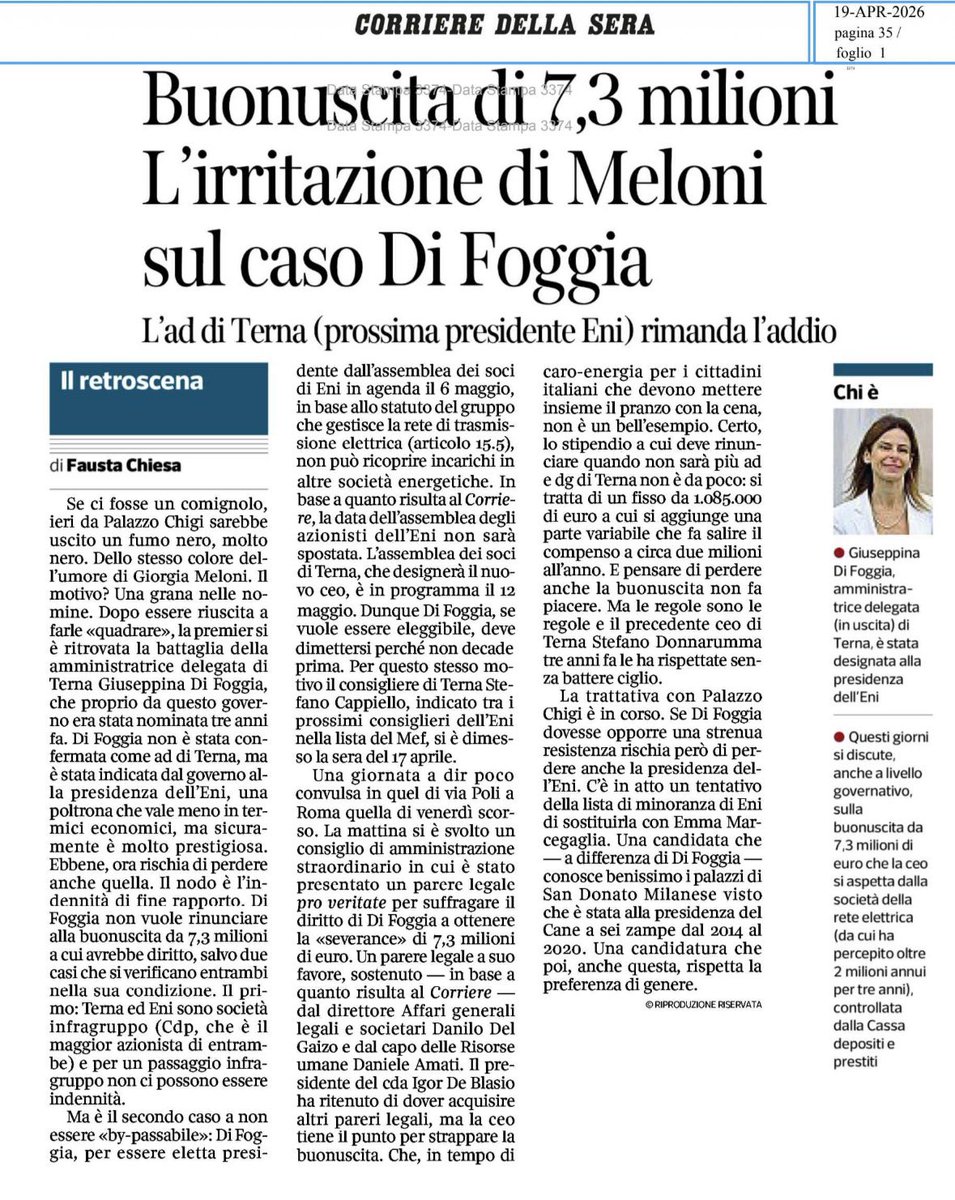 I PADRONI DELLA POLITICA
L’AD di Terna chiede 7,3 milioni per passare a fare il Presidente di Eni. Terna è un’azienda che lavora in un business regolato e i cui investimenti finiscono in bolletta con un tasso di remunerazione degli investimenti. Rischio zero. In questo paese di