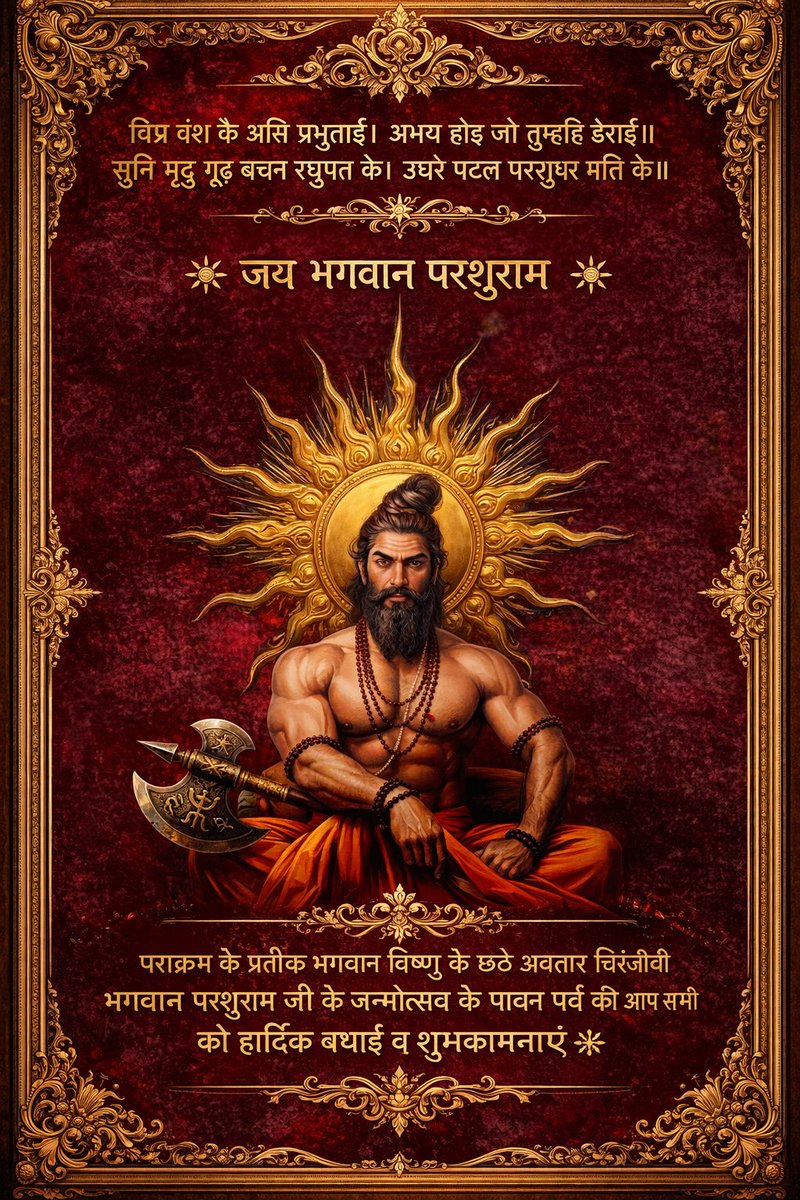 “जो ब्राह्मणों से डरता है, वो निर्भय हो जाता है”
~ भगवान राम 
भगवान विष्णु के छटे अवतार चिरंजीवी भगवान परशुराम जी के जन्मोत्सव की हार्दिक शुभकामनाएँ 

#ParshuramJayanti #AkshayaTritiya 
#अक्षय_तृत्या #shree_parshuram_jayanti