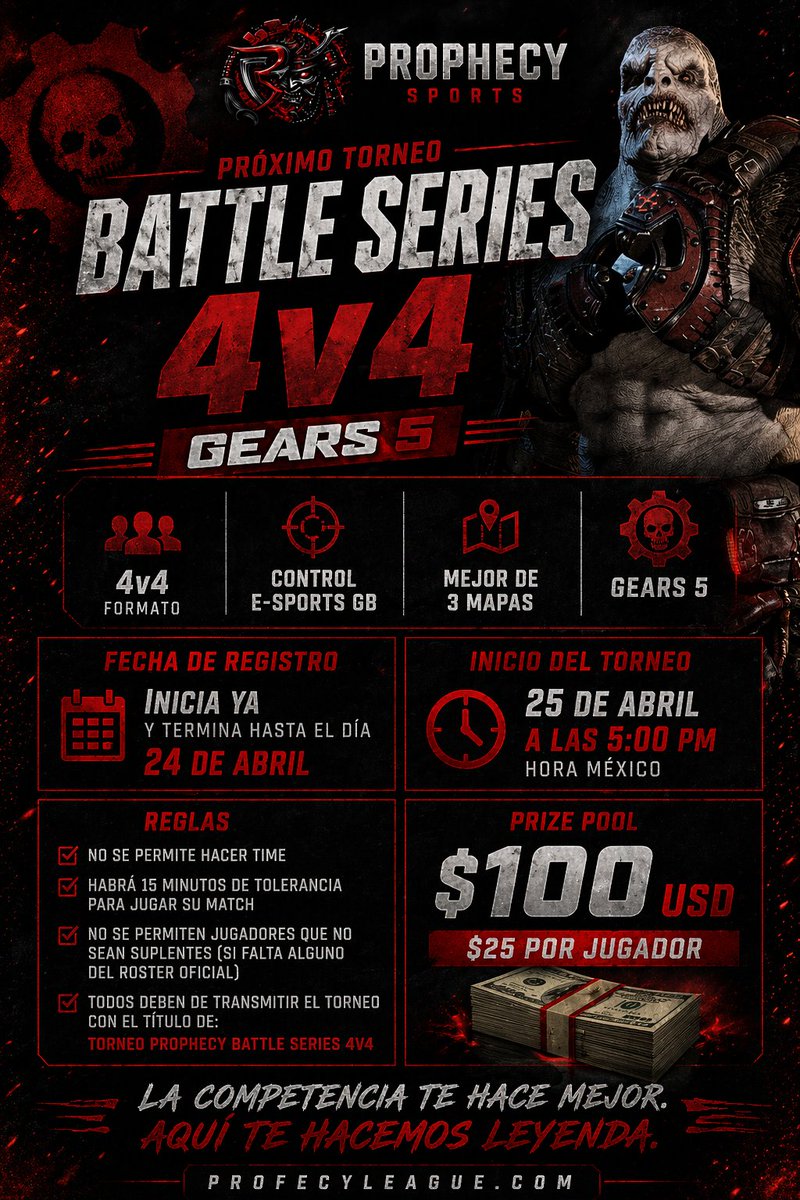 ProfecySports's tweet photo. 🔥 Battle Series 4v4 – Prophecy Sports 🔥
💰 Prize Pool: $100 USD ($25 por jugador)
🎮 Formato: Mejor de 3 mapas
📅 Inicio: 25 de Abril – 5:00 PM (Hora México)
⚠️ Cupos limitados.
🎥 Todos los equipos deberán transmitir sus partidas.
Inscripciones en: https://t.co/TM2SybcZEs https://t.co/5j6FexY4Tu